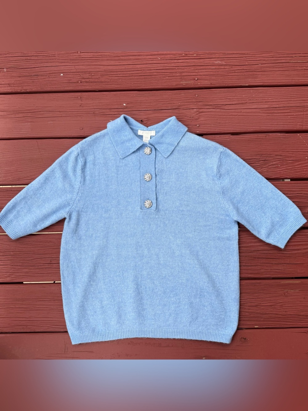 H&M Light Blue Short Sleeve Polo Sweater with Embellished Buttons